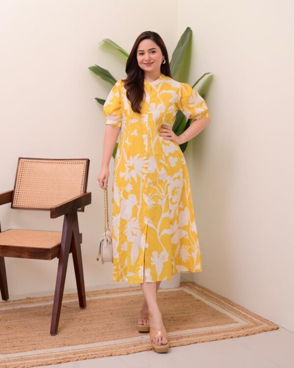 Beautiful Yellow Cotton Floral Print Kurti
