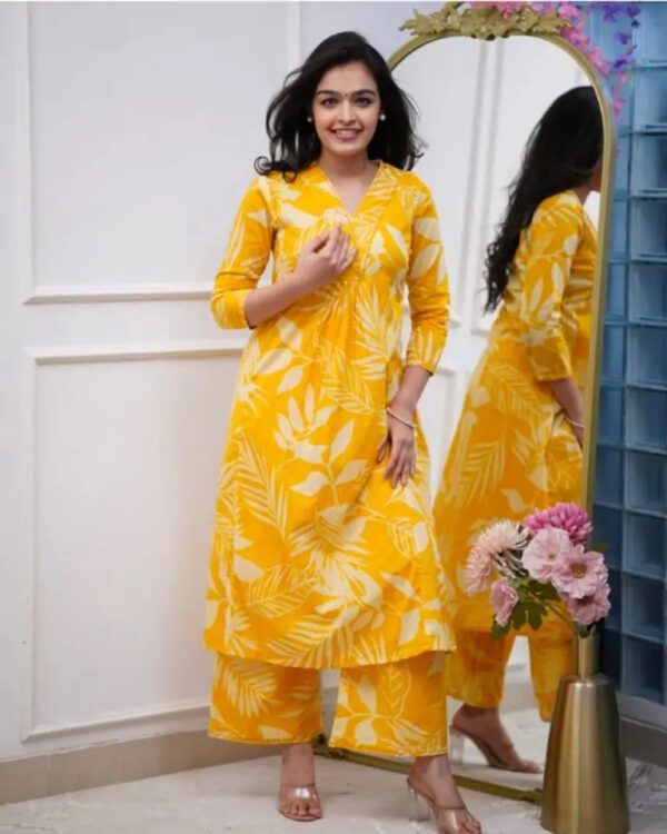 Yellow Floral Print Kurti Pant Set