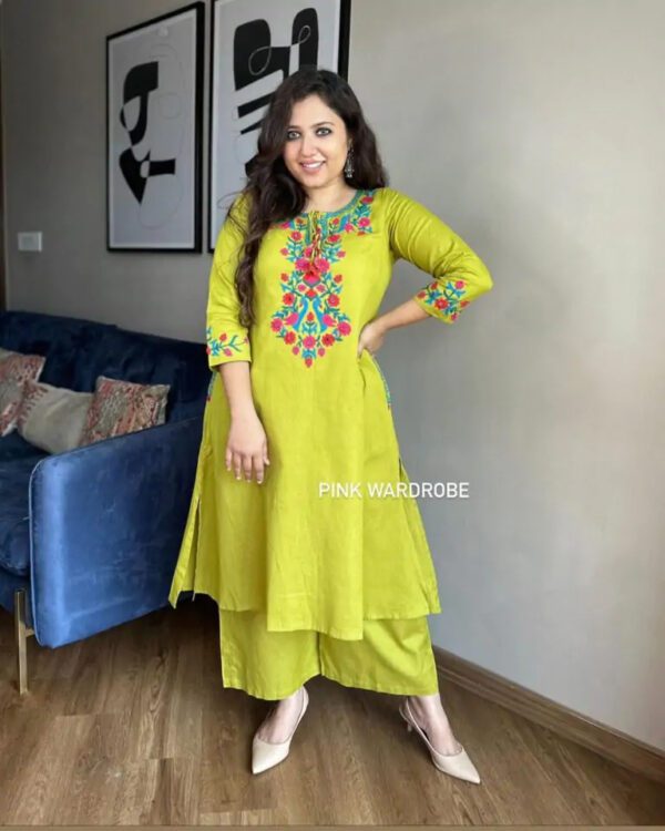 beautiful lemon green aari work kurta Plazzo set
