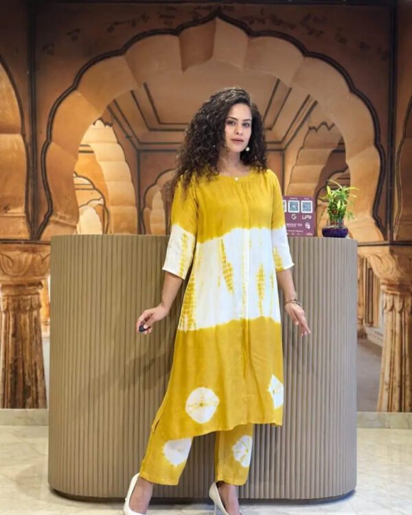Premium Floral Tie & Die Yellow Cotton Kurti Pant
