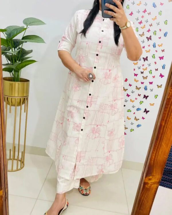 Premium Floral White Pink Cotton Kurti Palazzo