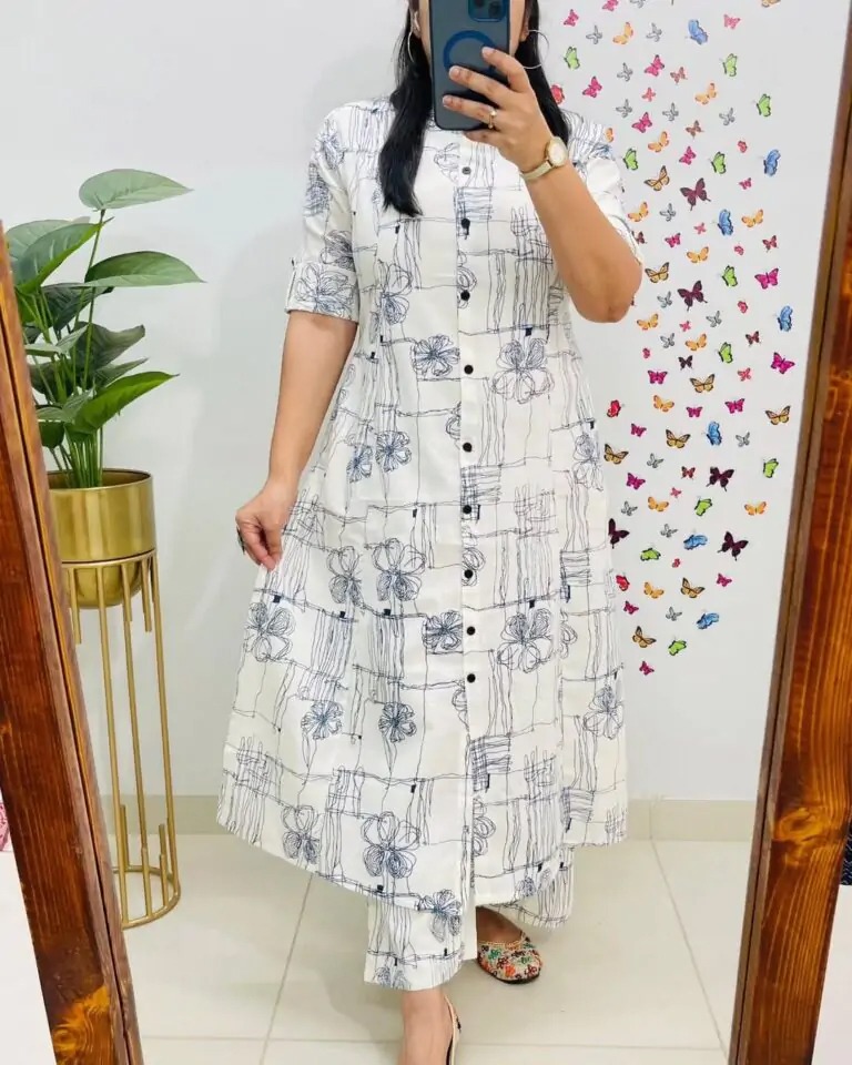 Premium Floral White Blue Cotton Kurti Palazzo Set