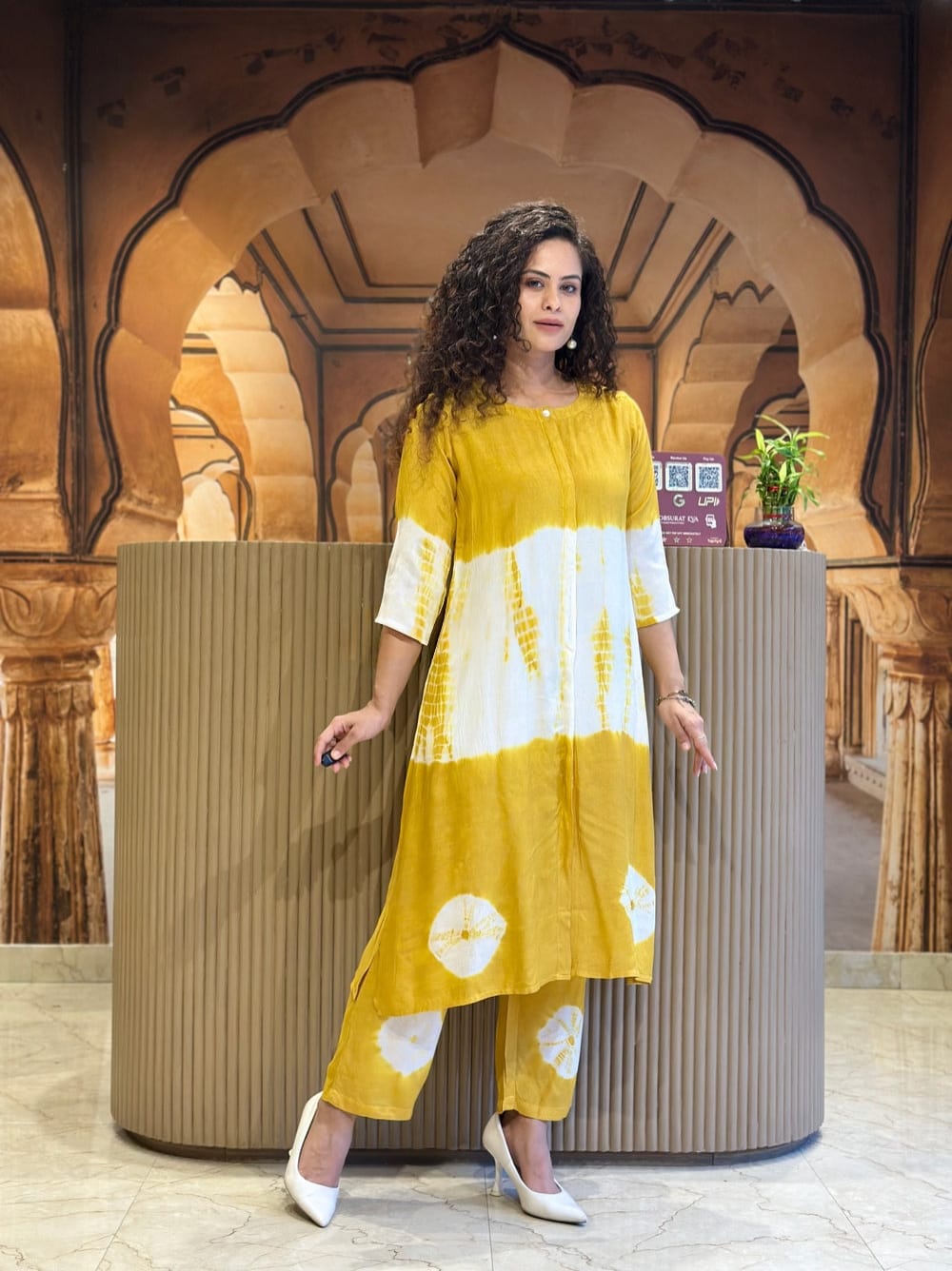 Premium Floral Tie & Die Yellow Cotton Kurti Pant - Image 3