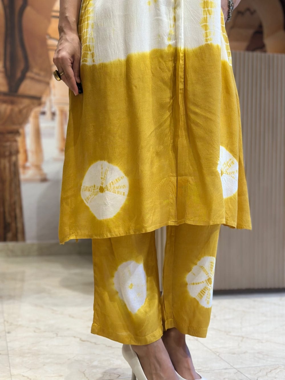 Premium Floral Tie & Die Yellow Cotton Kurti Pant - Image 2