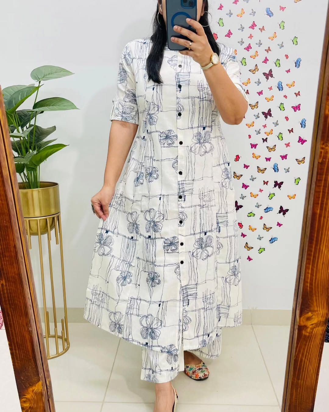 Premium Floral White Blue Cotton Kurti Palazzo Set - Image 2