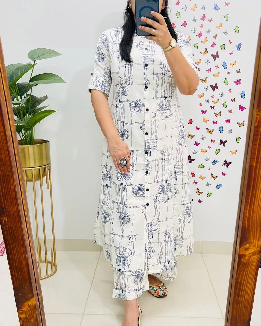 Premium Floral White Blue Cotton Kurti Palazzo Set - Image 4