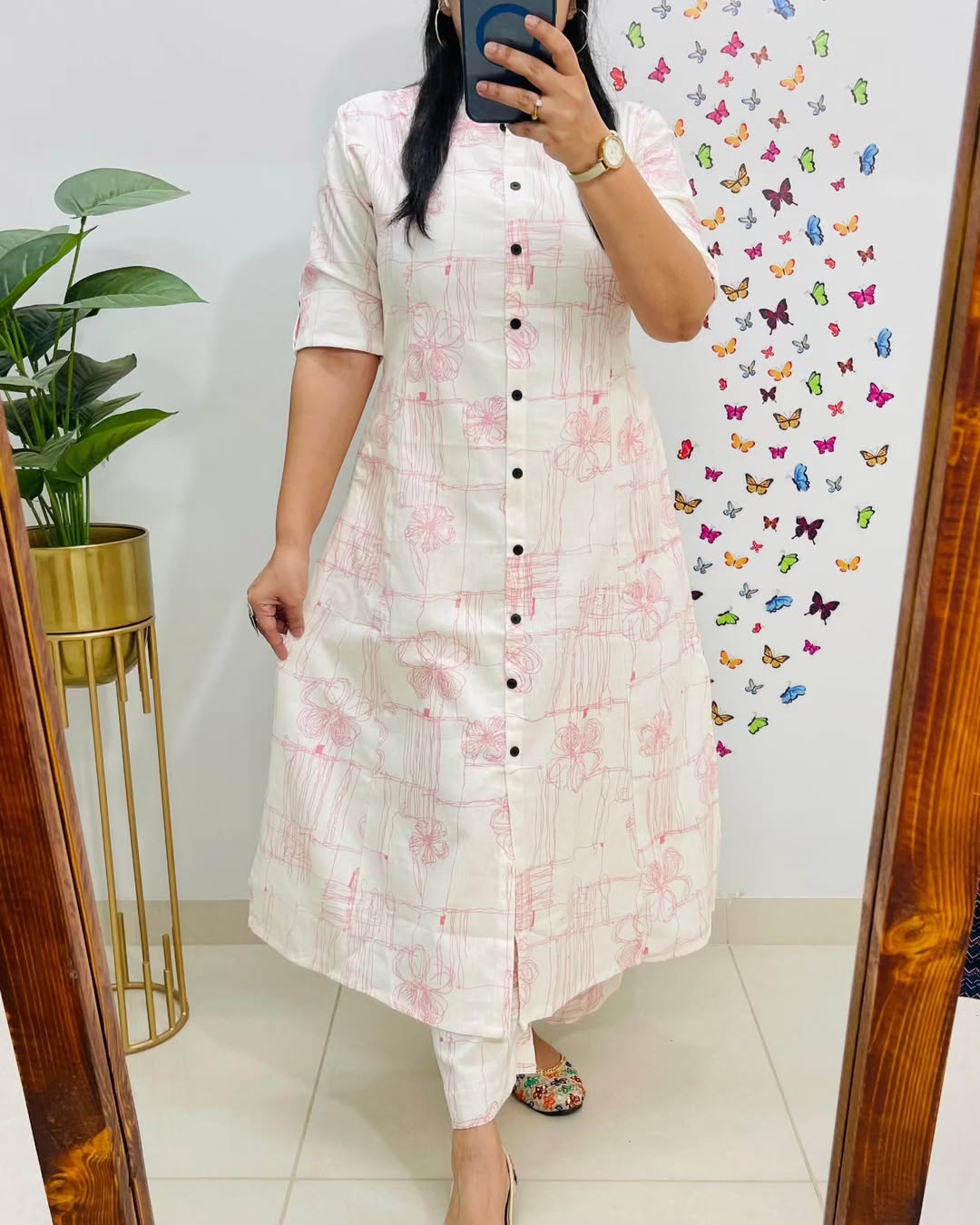 Premium Floral White Pink Cotton Kurti Palazzo - Image 5