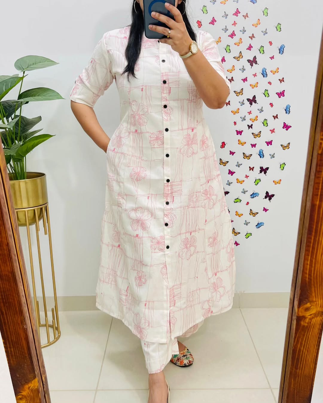 Premium Floral White Pink Cotton Kurti Palazzo - Image 4