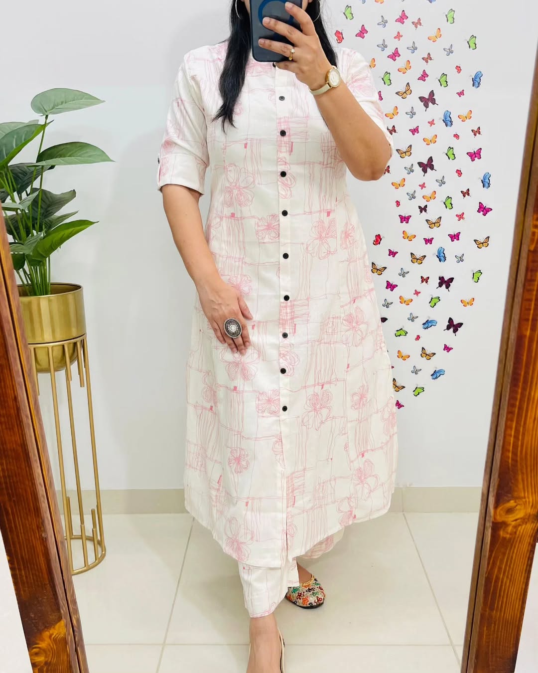 Premium Floral White Pink Cotton Kurti Palazzo - Image 3