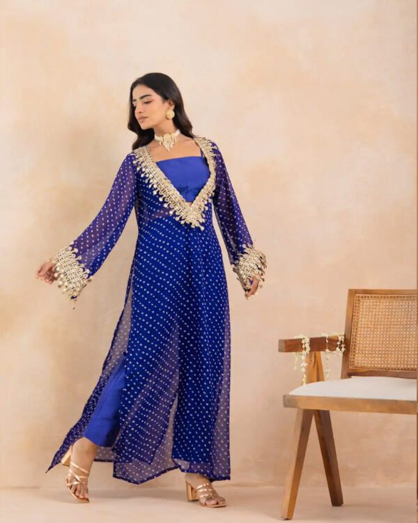 Blue Bandhej Mirror Embroidered Kurta Set