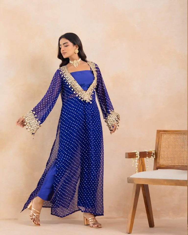 Blue Bandhej Mirror Embroidered Kurta Set