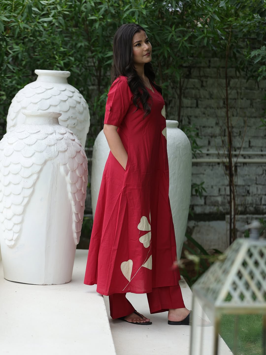 Elegant Red A-line Kurti with cream leaf patch work - Image 2