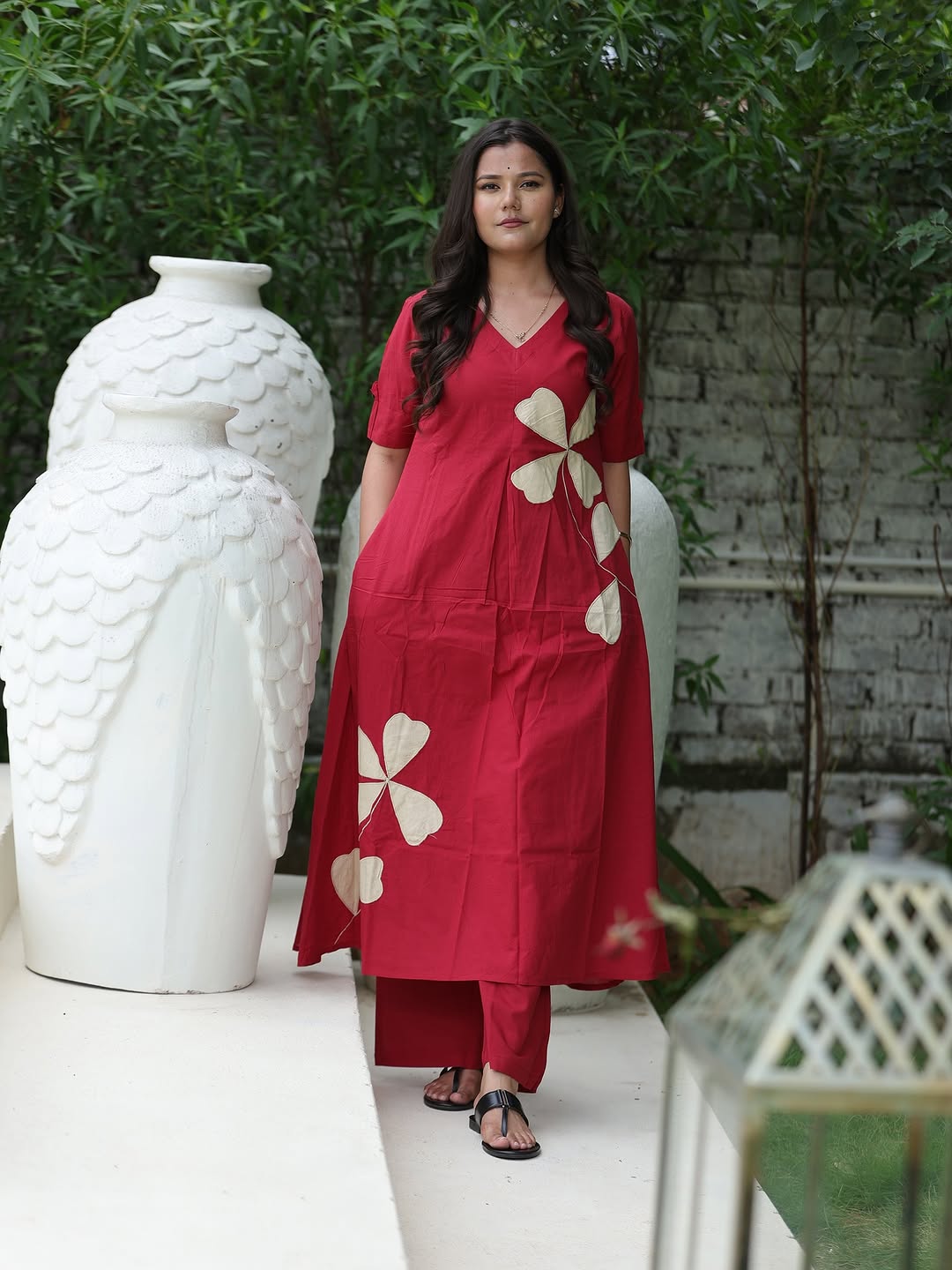 Elegant Red A-line Kurti with cream leaf patch work