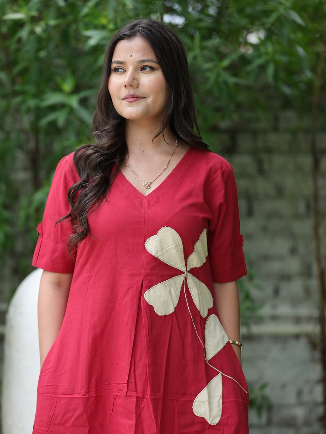 Elegant Red A-line Kurti with cream leaf patch work - Image 5