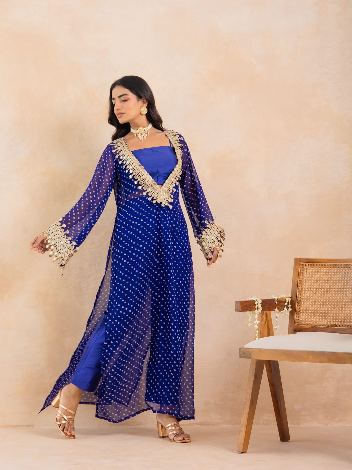 Blue Bandhej Mirror Embroidered Kurta Set - Image 2