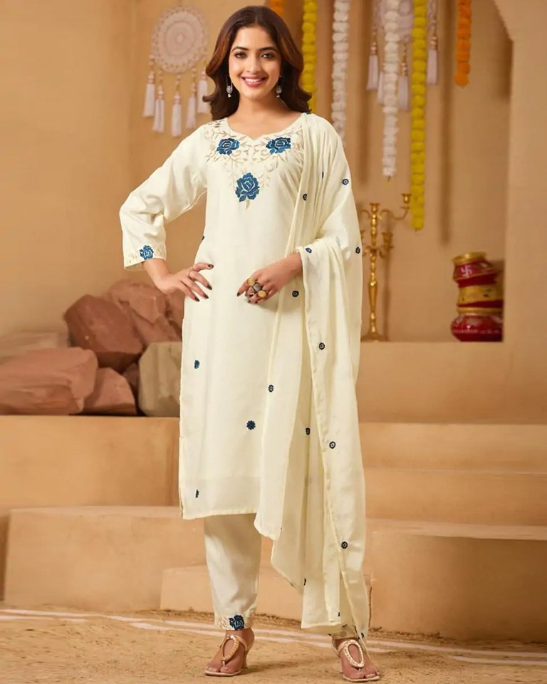 chanderi silk Kurti with Pant with Dupatta