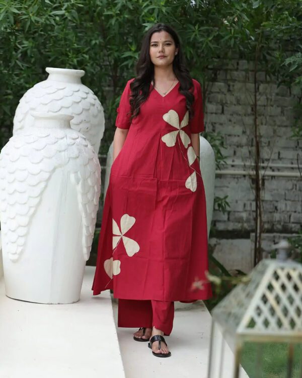 Elegant Red A-line Kurti with cream leaf patch work
